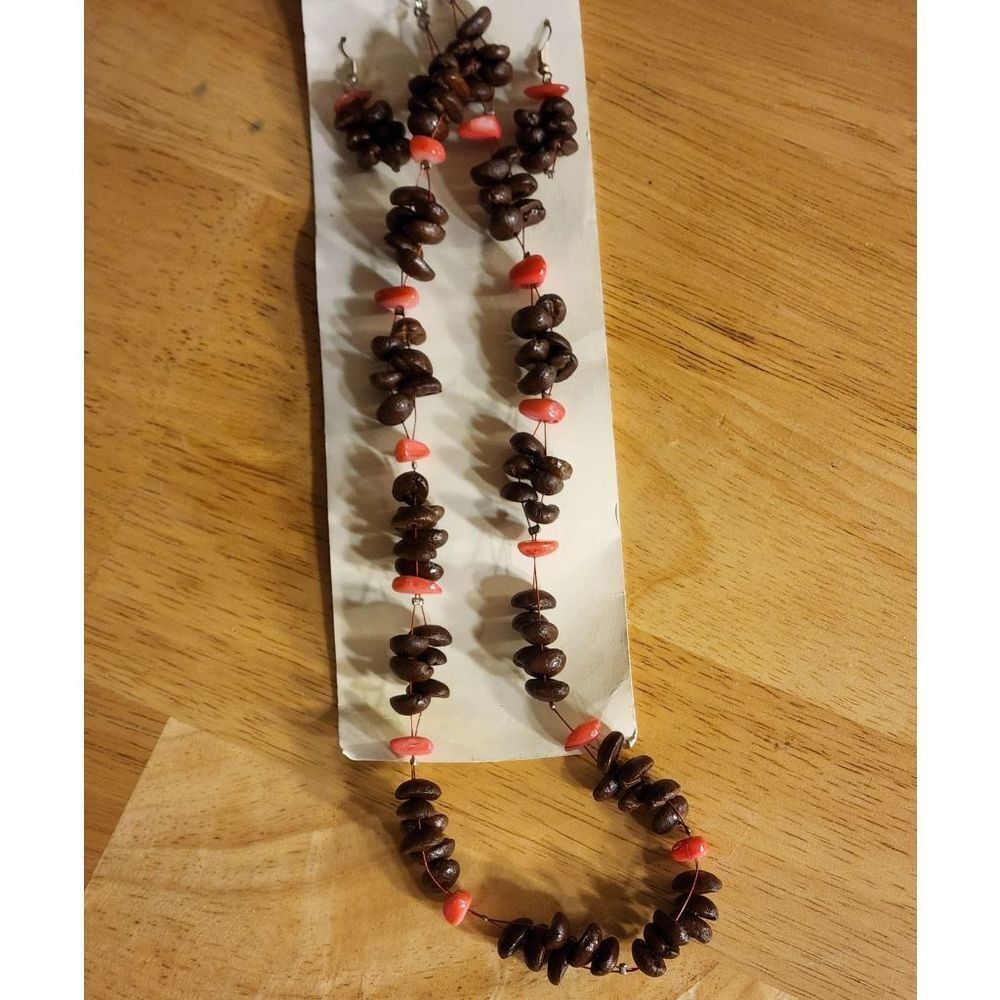 El Refugio Handmade Coffee Bean and Stone Beaded Necklace Red Accents